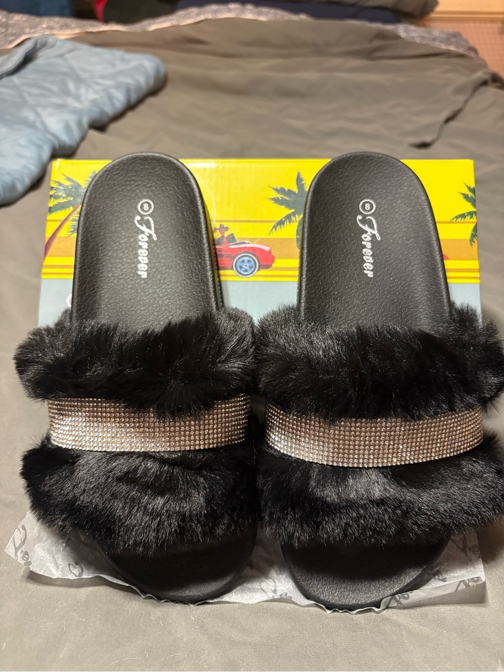 Black Faux Fur Slides